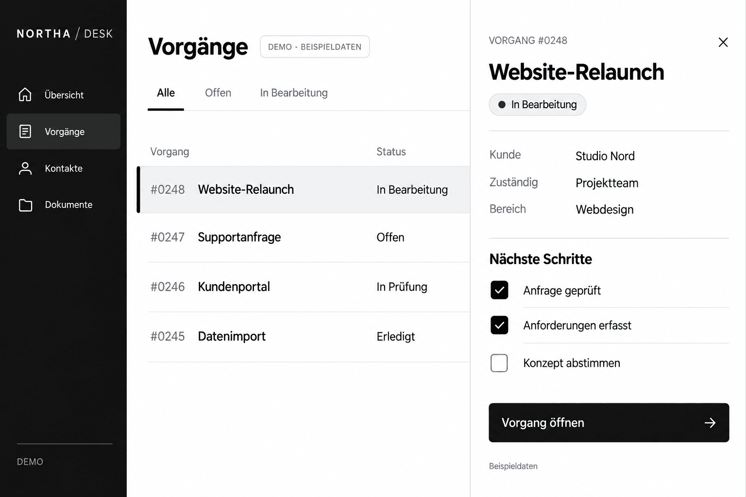 Illustrative Demo-Oberfläche eines digitalen Vorgangssystems mit Vorgangsliste, Status und nächsten Schritten
